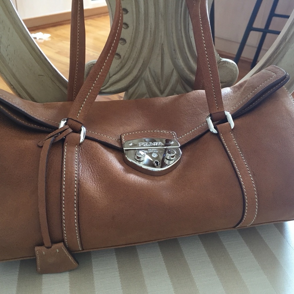 Prada Cognac Leather Handbag with Silver-Tone Lock - Picture 5 of 11